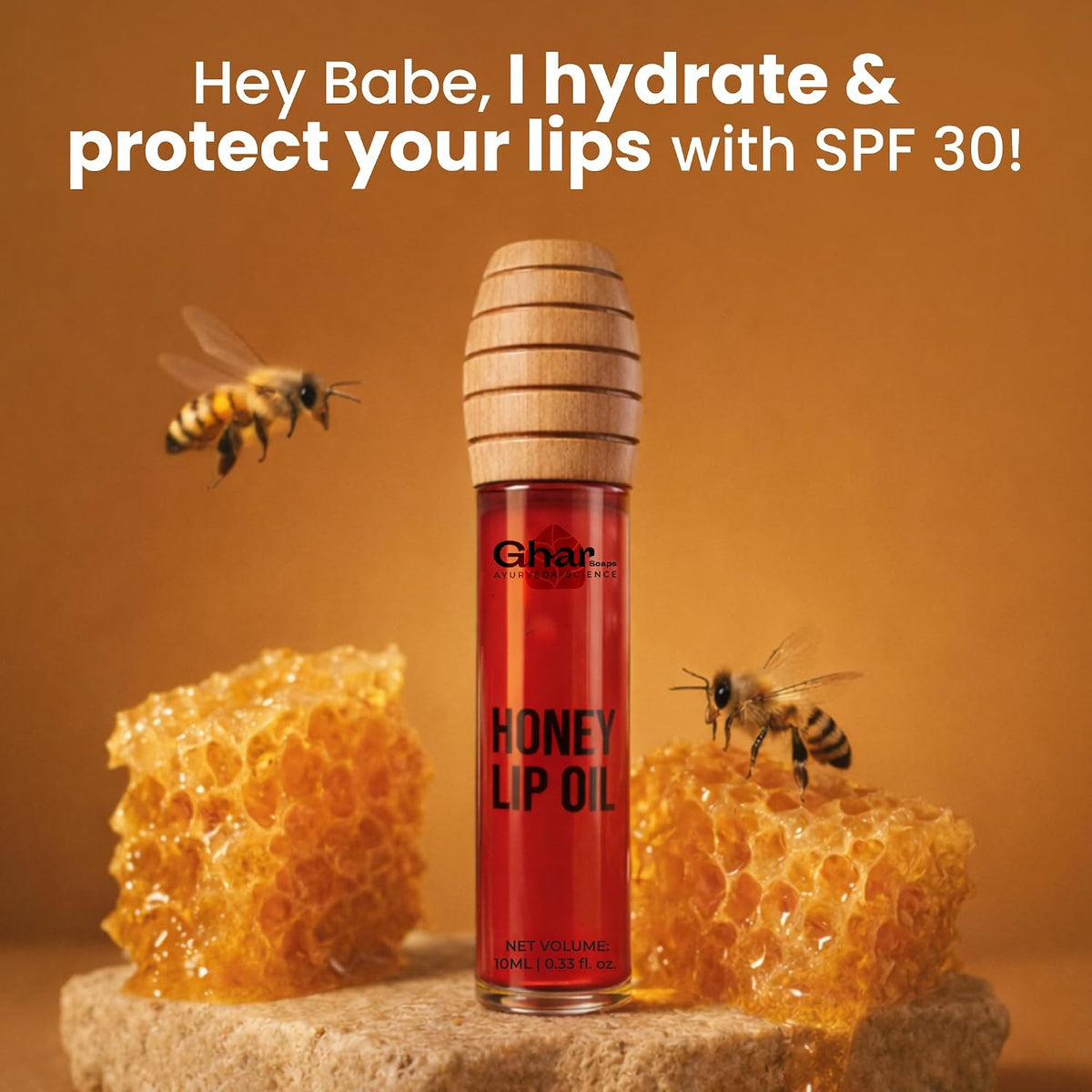 GHAR SOAPS Honey Lip Oil SPF 30 PA+ | Hydrating, Non-Sticky Gloss with Honey & Vitamin E (10 ml, Kiss Me Babe)