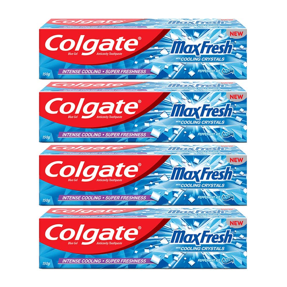 Colgate MaxFresh Breath Freshener Toothpaste, 600g (150g x 4), Peppermint Ice, Blue Gel Paste with Menthol, Cooling crystals for bad breath control & Plax Peppe