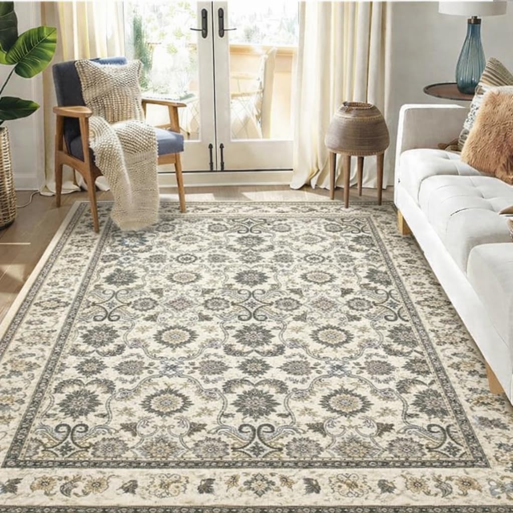 HOMETHREADS Vintage Light Luxury 5x7 Feet Area Rug | 11mm Thick Soft Anti-Fatigue Cushioned Carpet with Non-Slip Backing for Living Room, Bedroom, Studio, Loung