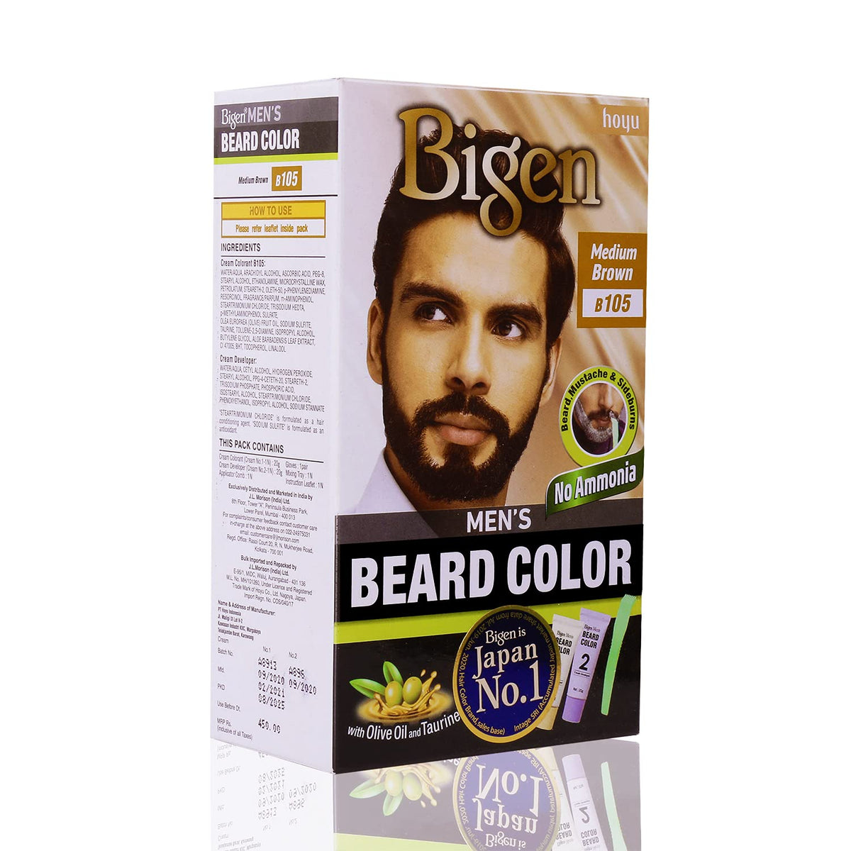 Bigen Men's Beard Color Medium Brown 20gm+20gm -105, 102 g (Pack of 2)