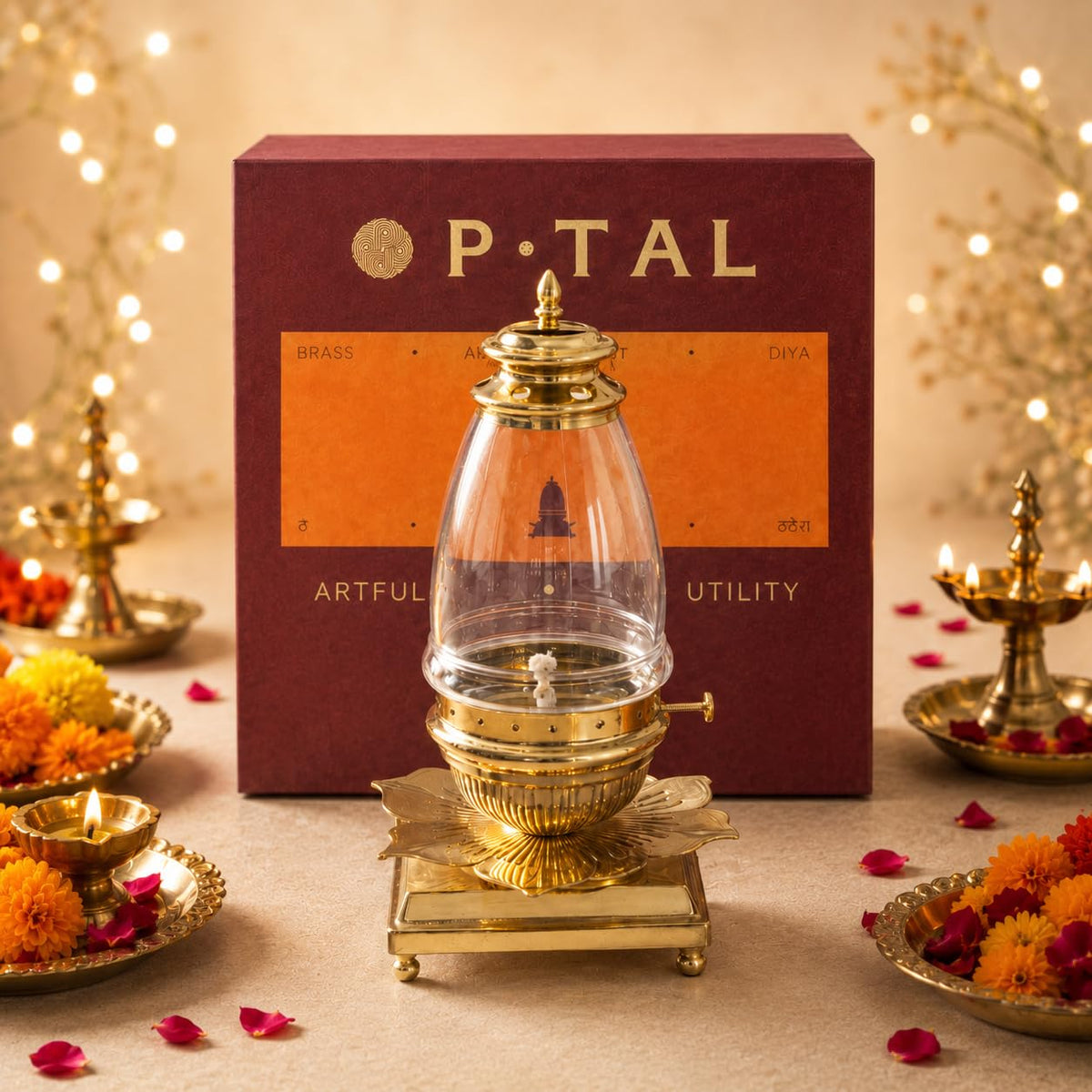 P•TAL Brass Akhand Jyot Diya with Glass Cover – Handcrafted Long-Lasting Oil Lamp for Puja, Mandir & Festivals (1N) Large