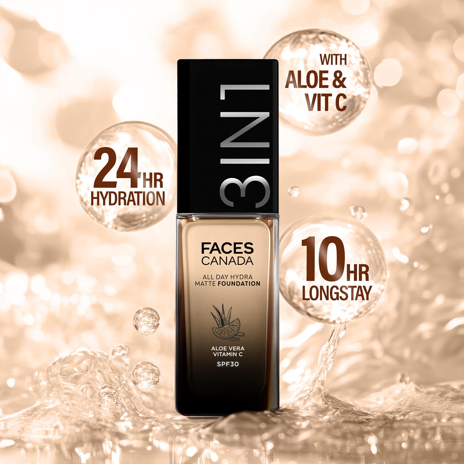 FACES CANADA All Day Hydra Matte Foundation | 3-in-1 Foundation + Moisturizer + SPF 30 | 24 HR Aloe Hydration & Vitamin C | 10HR Long Wear | Medium to High Buildable Coverage | Rose Ivory 011 | 30ml