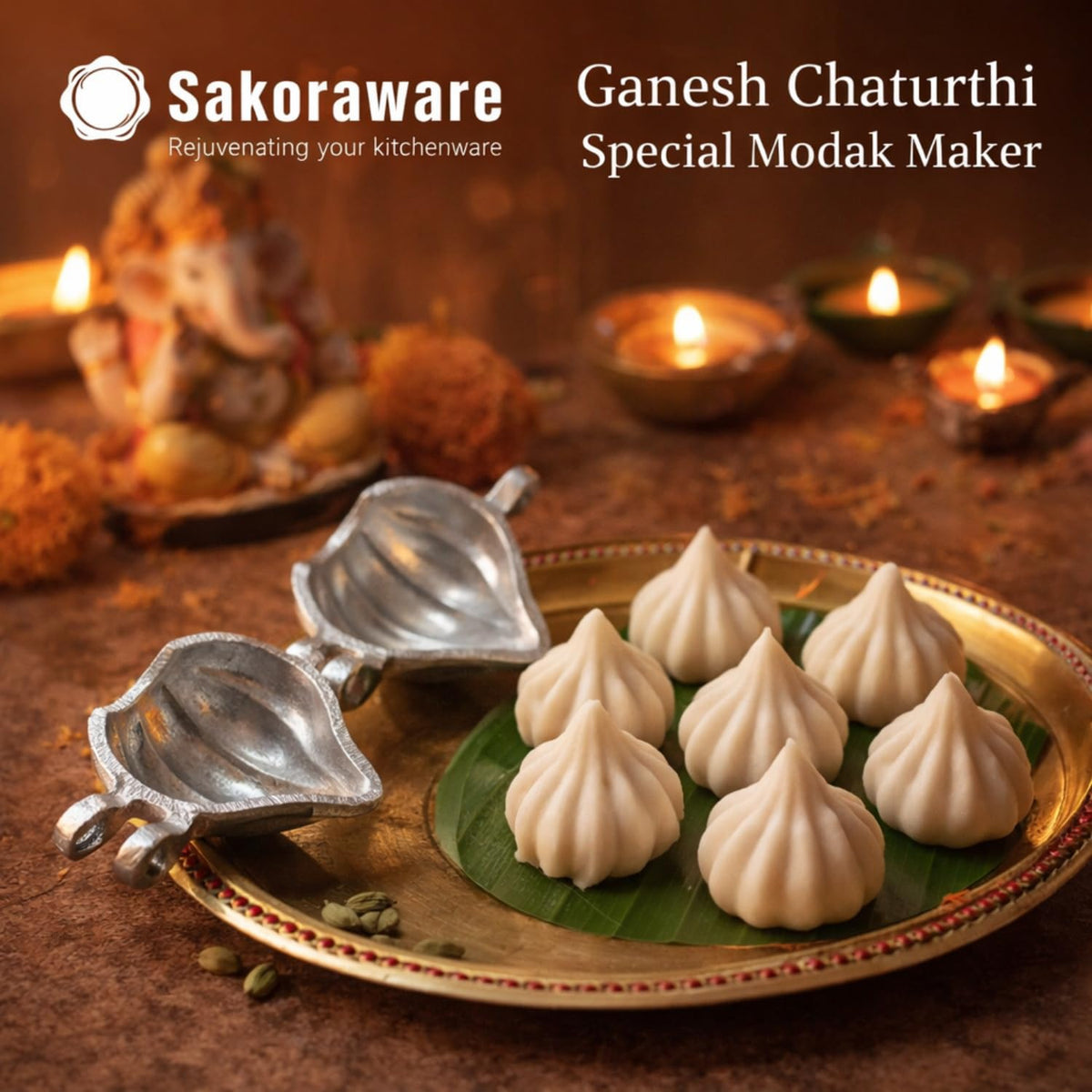 Sakoraware Aluminium Modak Maker Mould Mold Sacha Cutter | Gujiya Karanji Maker Machine | Dumpling Maker Kitchen Moulds for Holi | Ganesh Chaturthi | Diwali | F