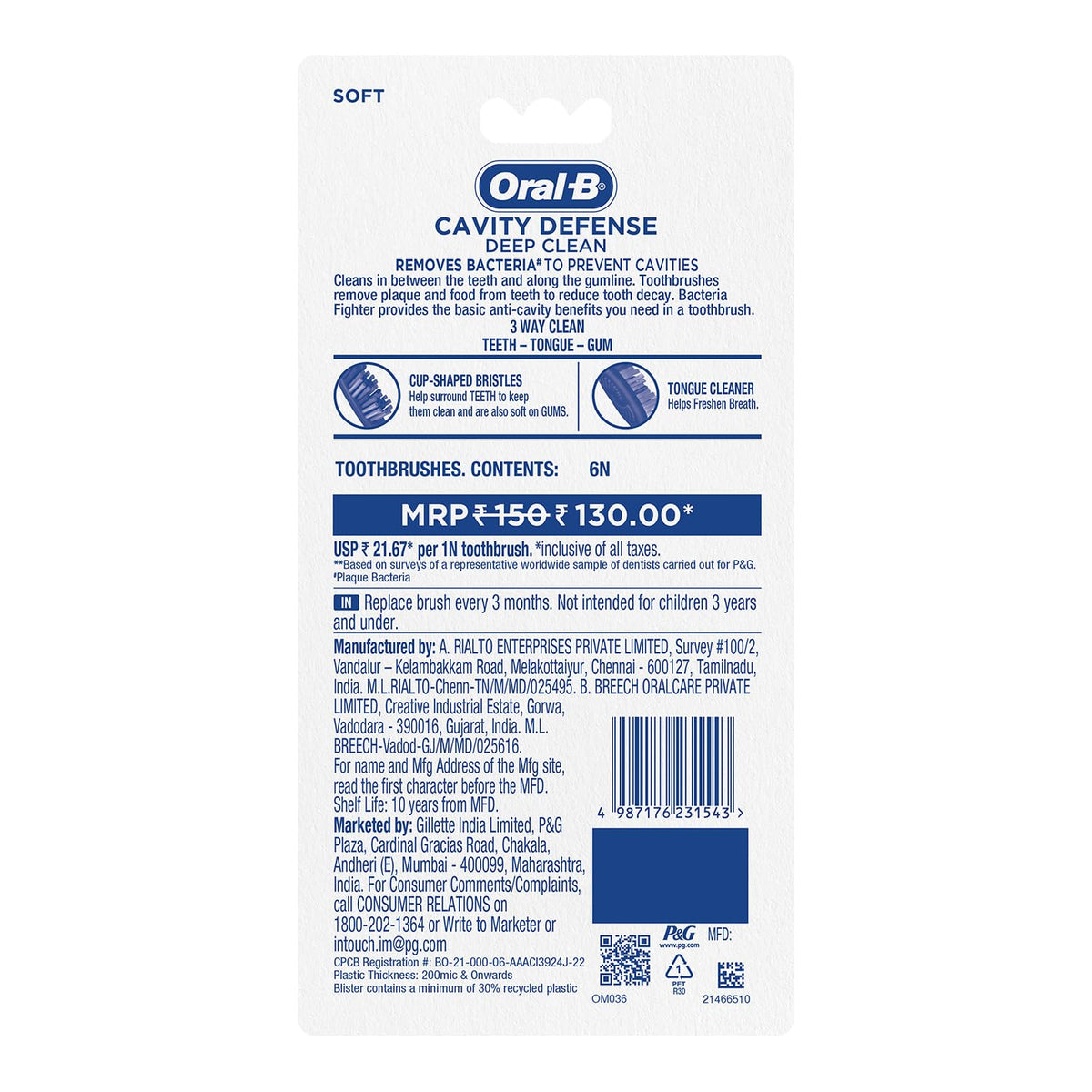 Oral-B Cavity Defense Soft Manual Toothbrush For Adults, Soft Bristles, Removes Bacteria for Cavity Protection, Multicolour, Oral B Dentist Recommended Brand (S
