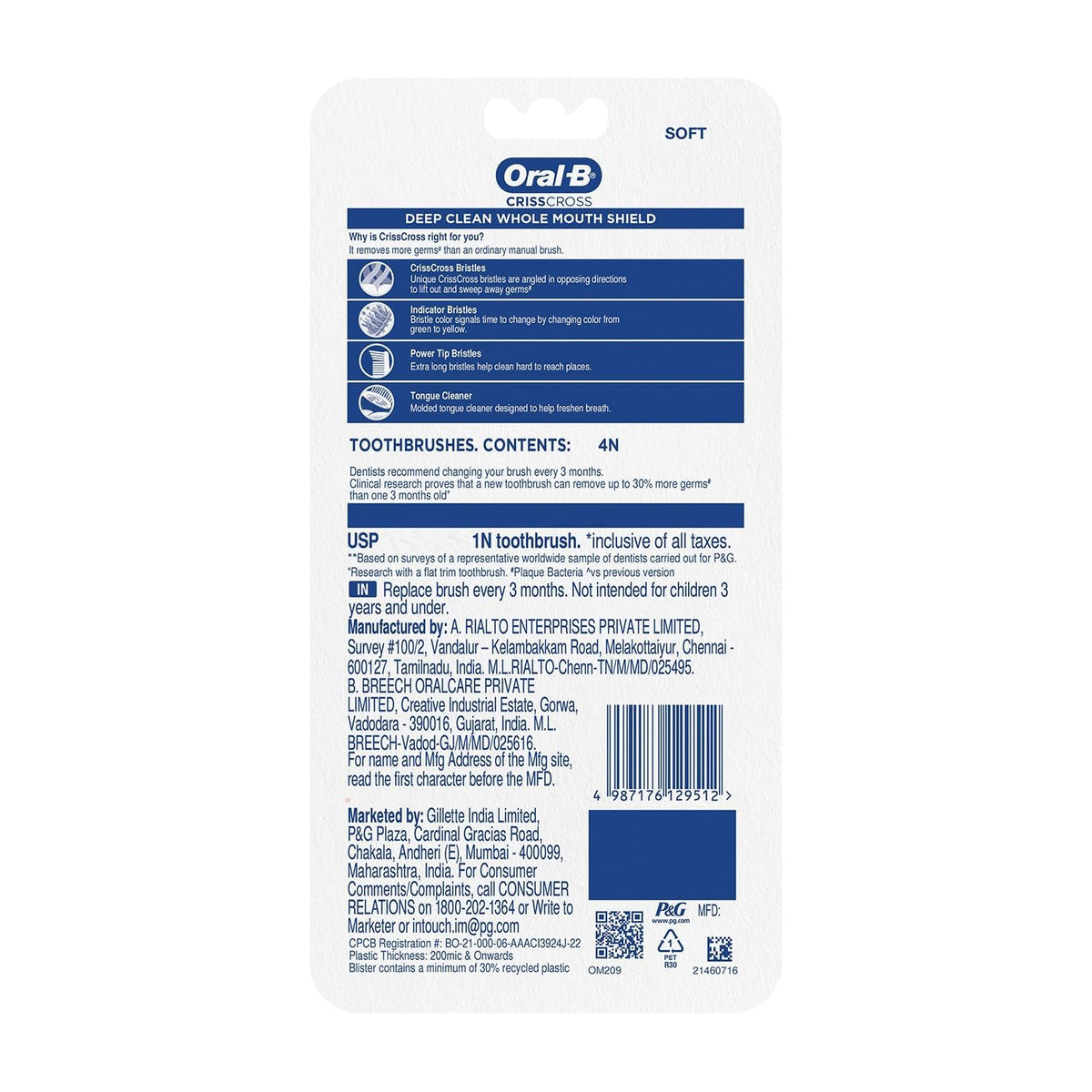 Oral-B Crisscross Deep Clean Soft Bristle Manual Toothbrush For Adults, Multicolour Toothbrush Set, Oral B Dentist Recommended Brand (Pack of 4)