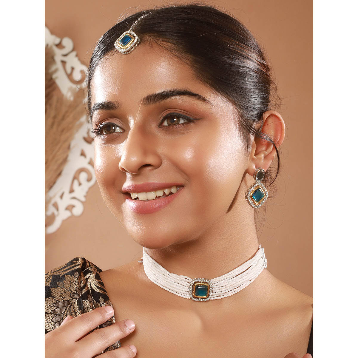 Aatmana Gold-Plated Aqua Blue Austrian Diamond Studded and Beaded Jewellery Set with Maangtikka