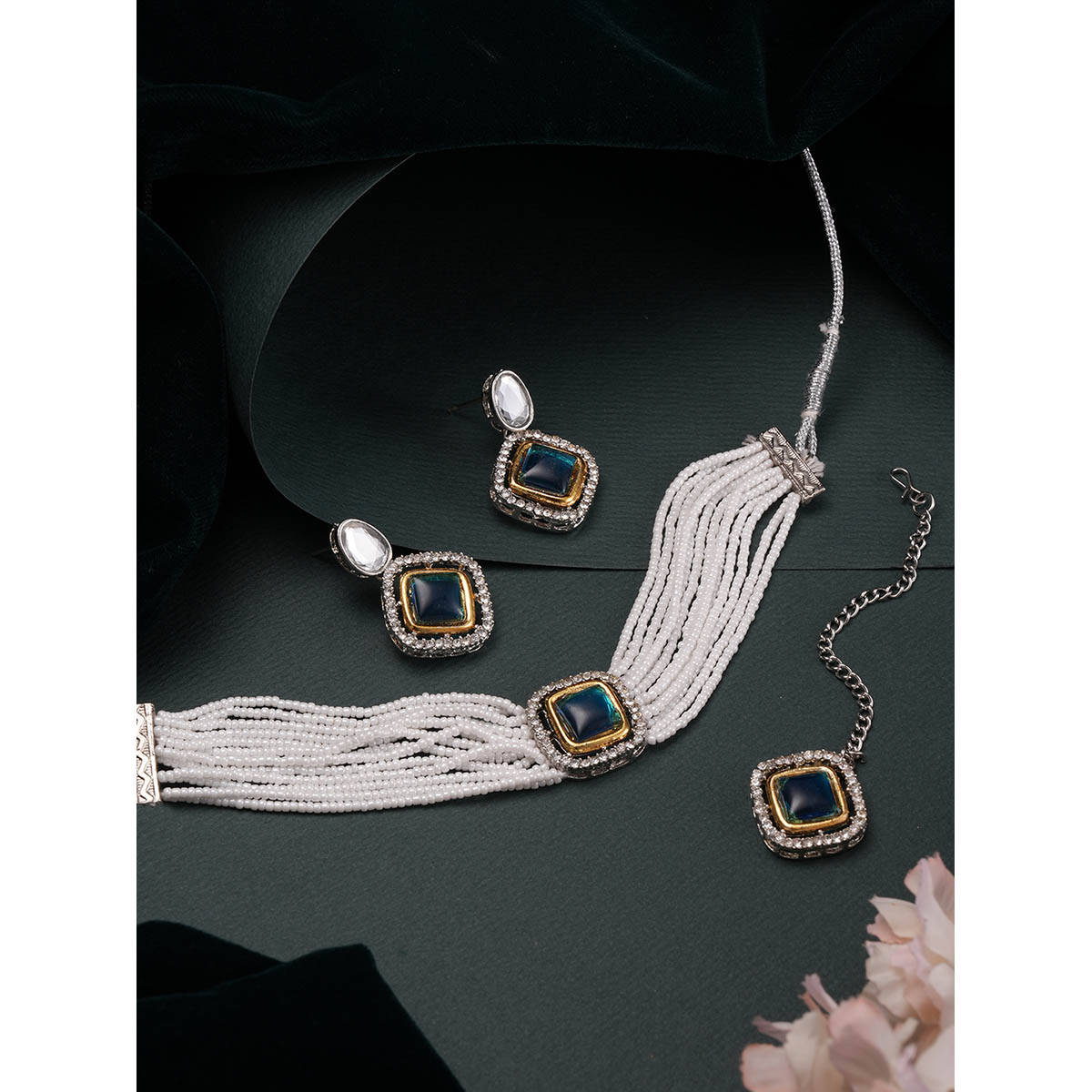 Aatmana Gold-Plated Aqua Blue Austrian Diamond Studded and Beaded Jewellery Set with Maangtikka