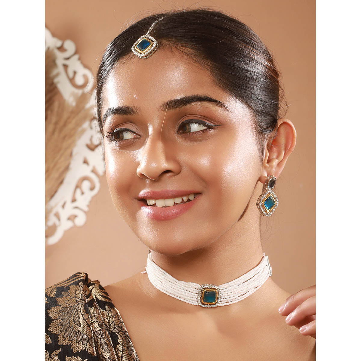 Aatmana Gold-Plated Aqua Blue Austrian Diamond Studded and Beaded Jewellery Set with Maangtikka