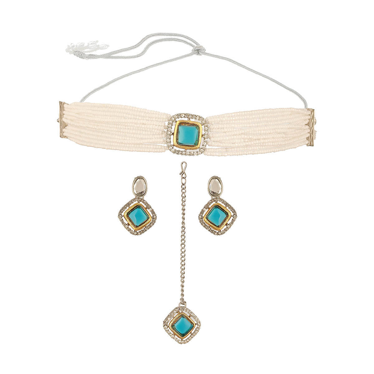 Aatmana Gold-Plated Aqua Blue Austrian Diamond Studded and Beaded Jewellery Set with Maangtikka