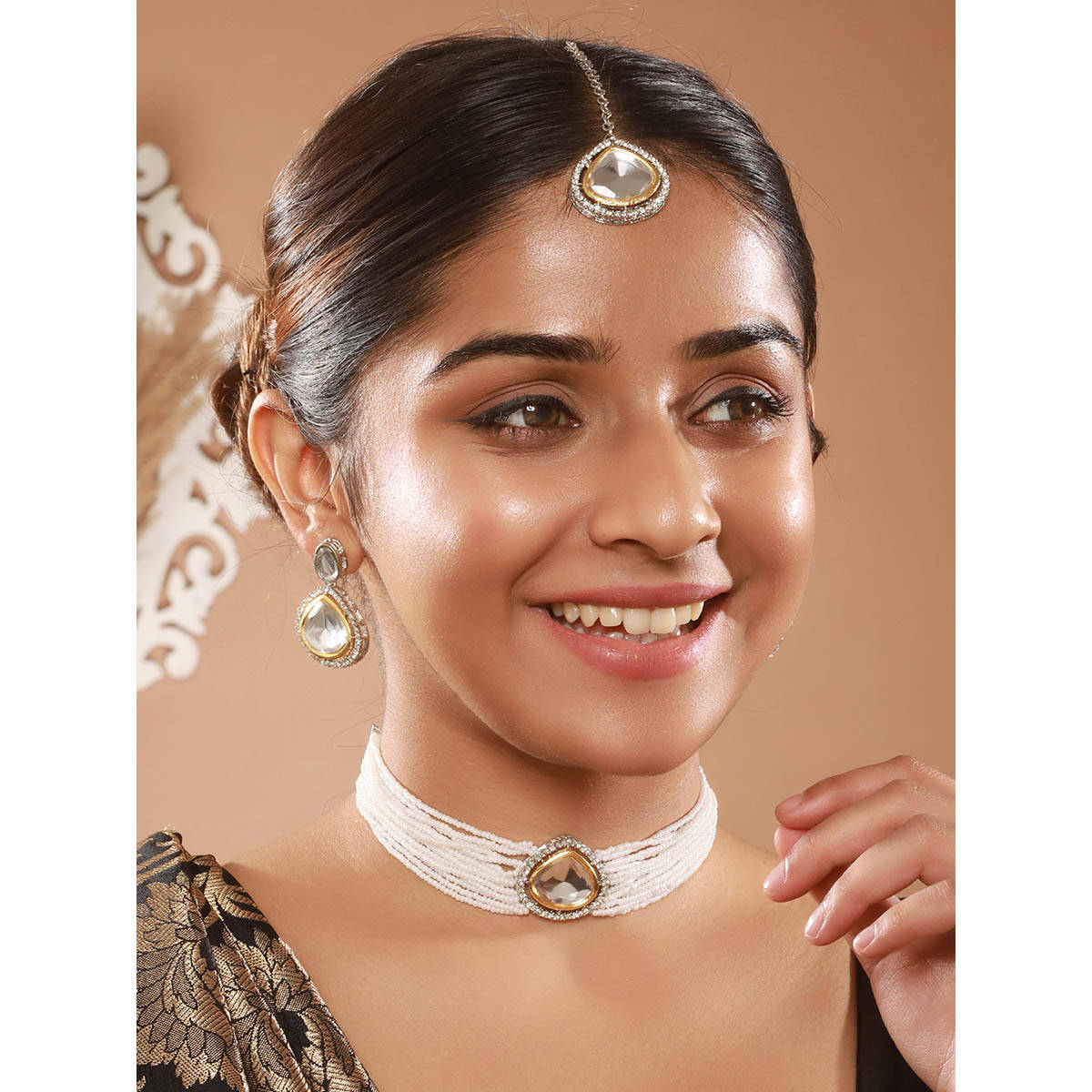 Aatmana Gold-Plated Austrian Diamond Studded and Beaded Jewellery Set with Maangtikka