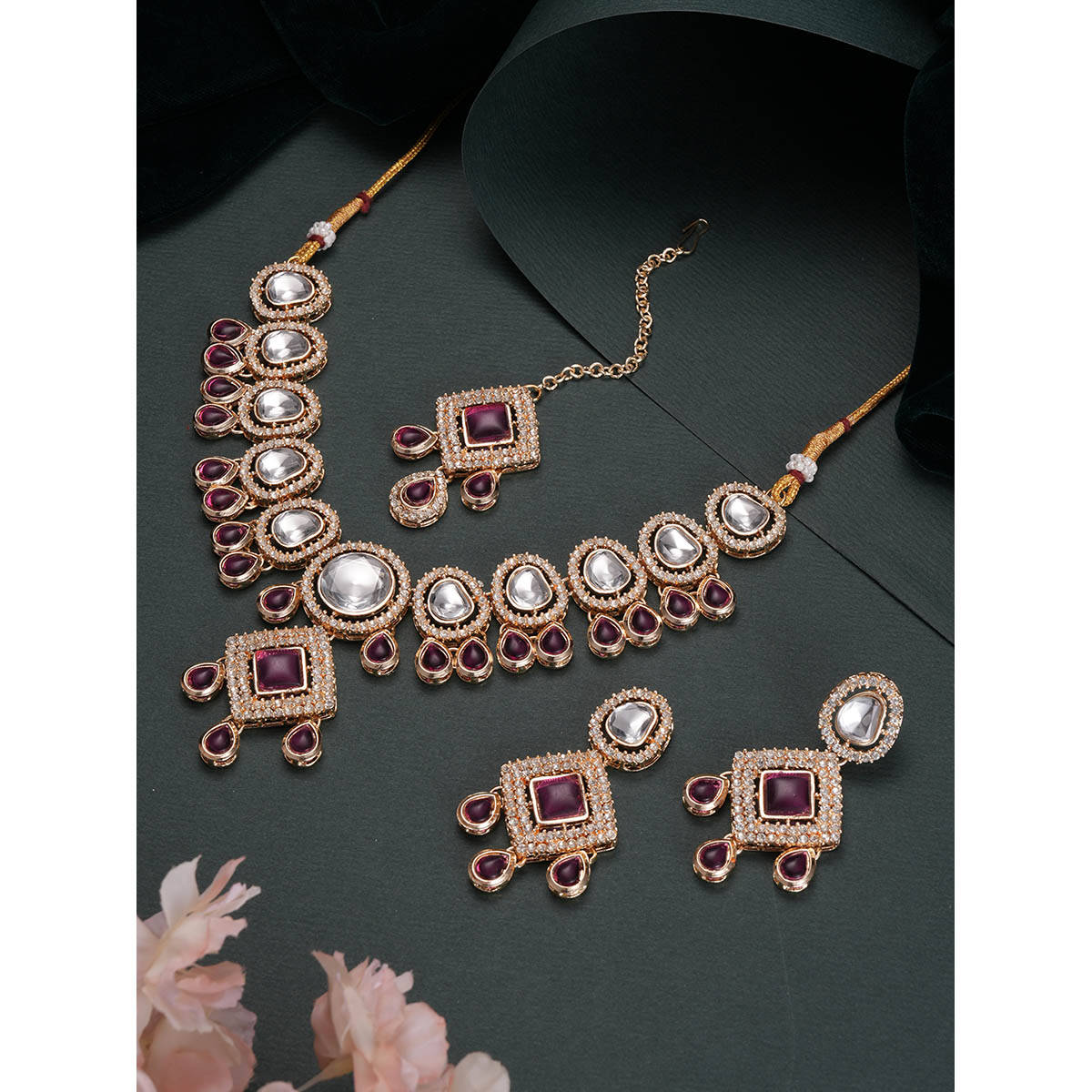 Aatmana Gold Plated Pink Kundan Studded and Beaded Jewellery Set with Maangtikka