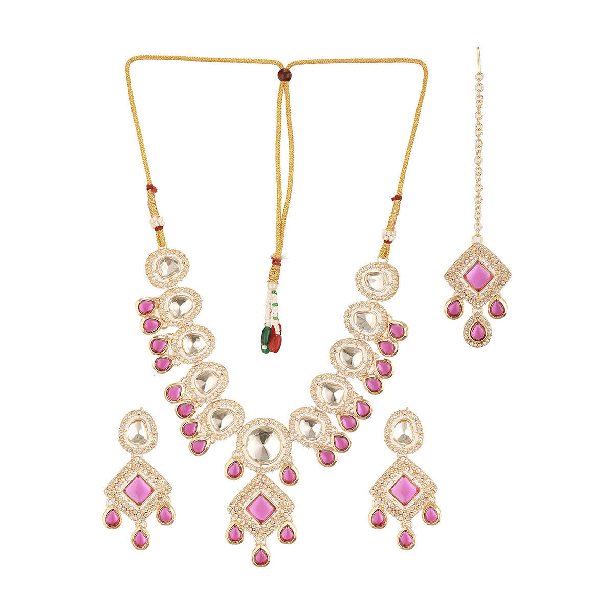 Aatmana Gold Plated Pink Kundan Studded and Beaded Jewellery Set with Maangtikka