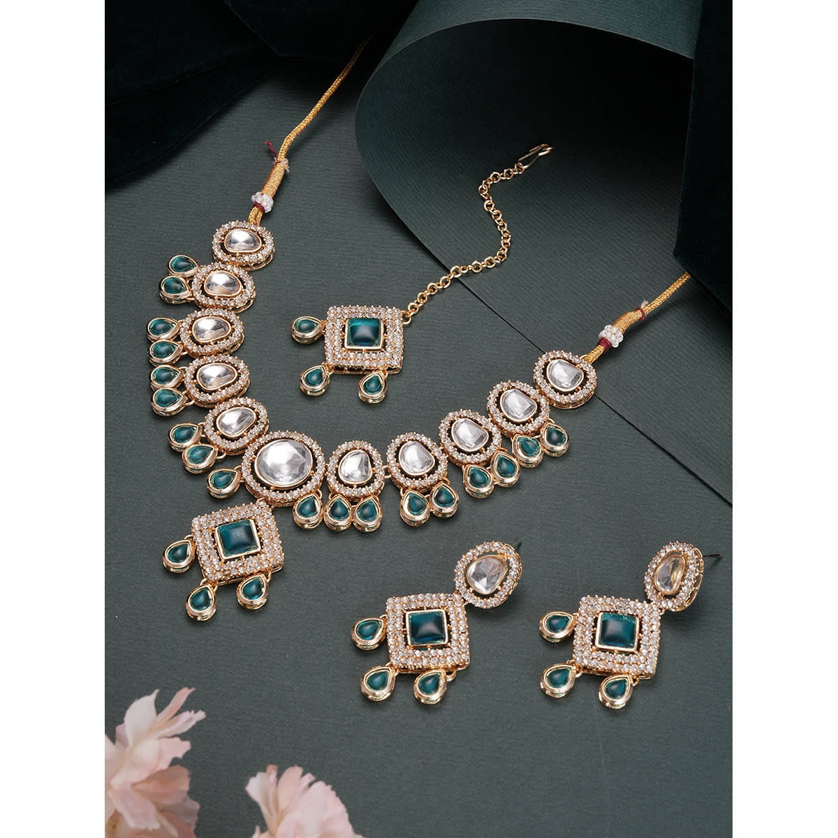 Aatmana Gold Plated Green Kundan Studded and Beaded Jewellery Set with Maangtikka