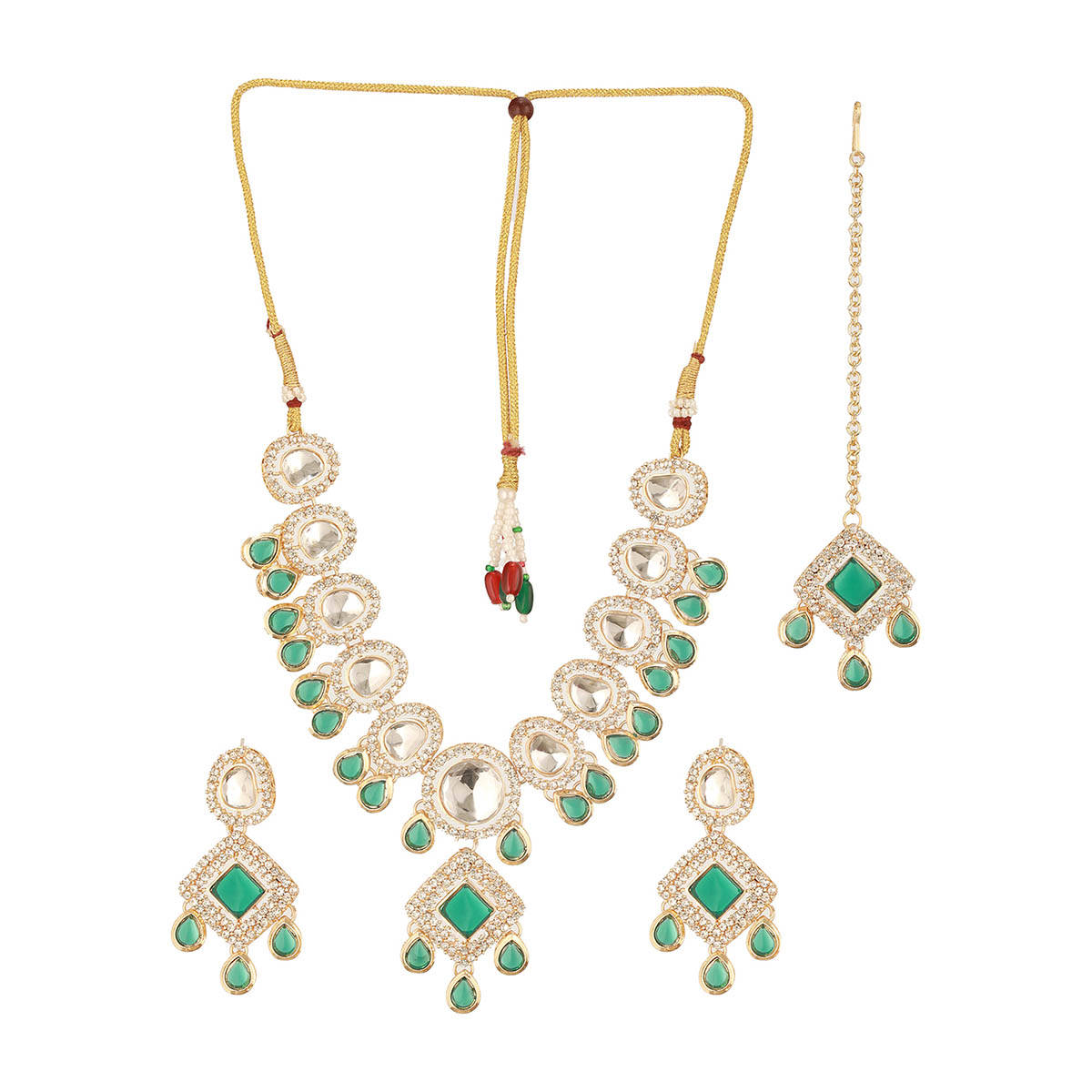 Aatmana Gold Plated Green Kundan Studded and Beaded Jewellery Set with Maangtikka