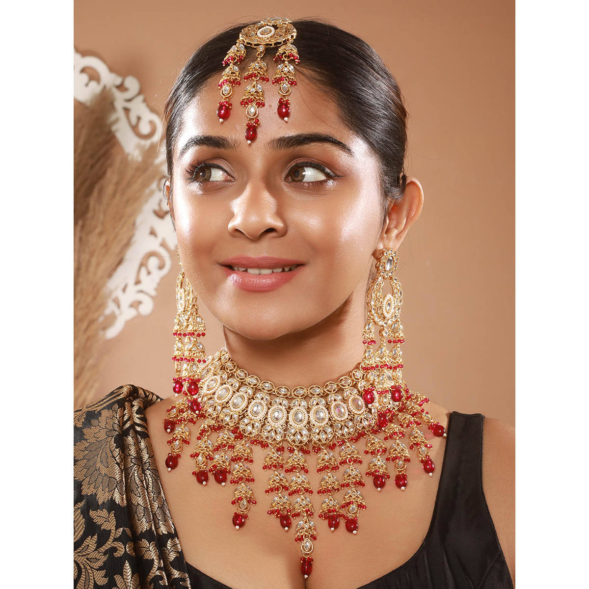 Aatmana 18K Gold-Plated Red and White Kundan Studded and Beaded Handcrafted Jewellery Set