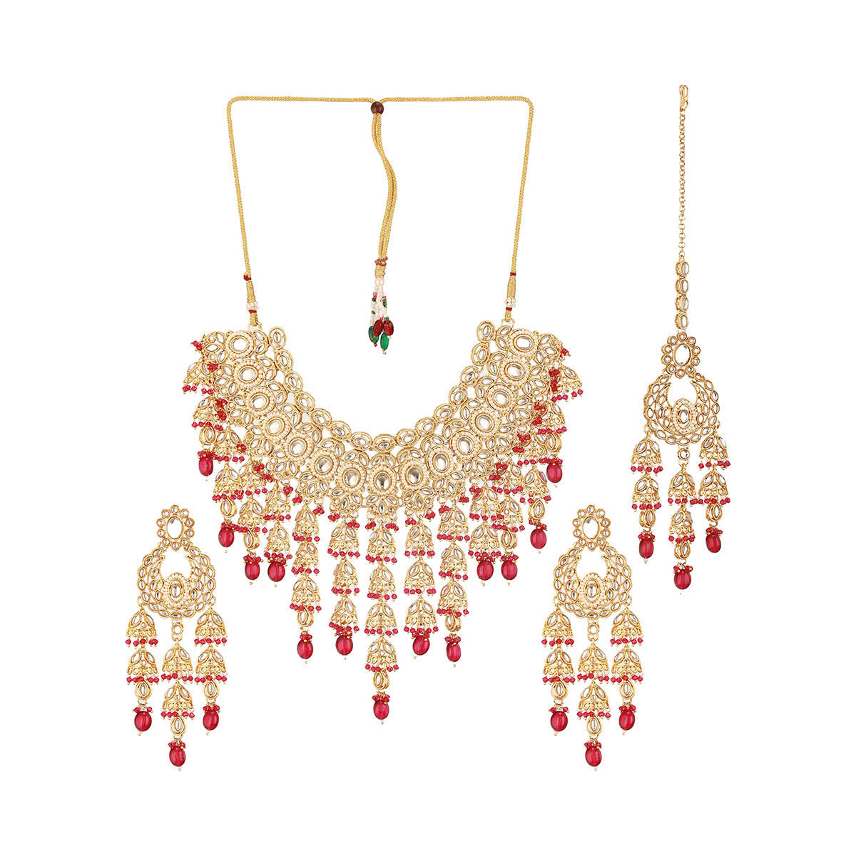 Aatmana 18K Gold-Plated Red and White Kundan Studded and Beaded Handcrafted Jewellery Set
