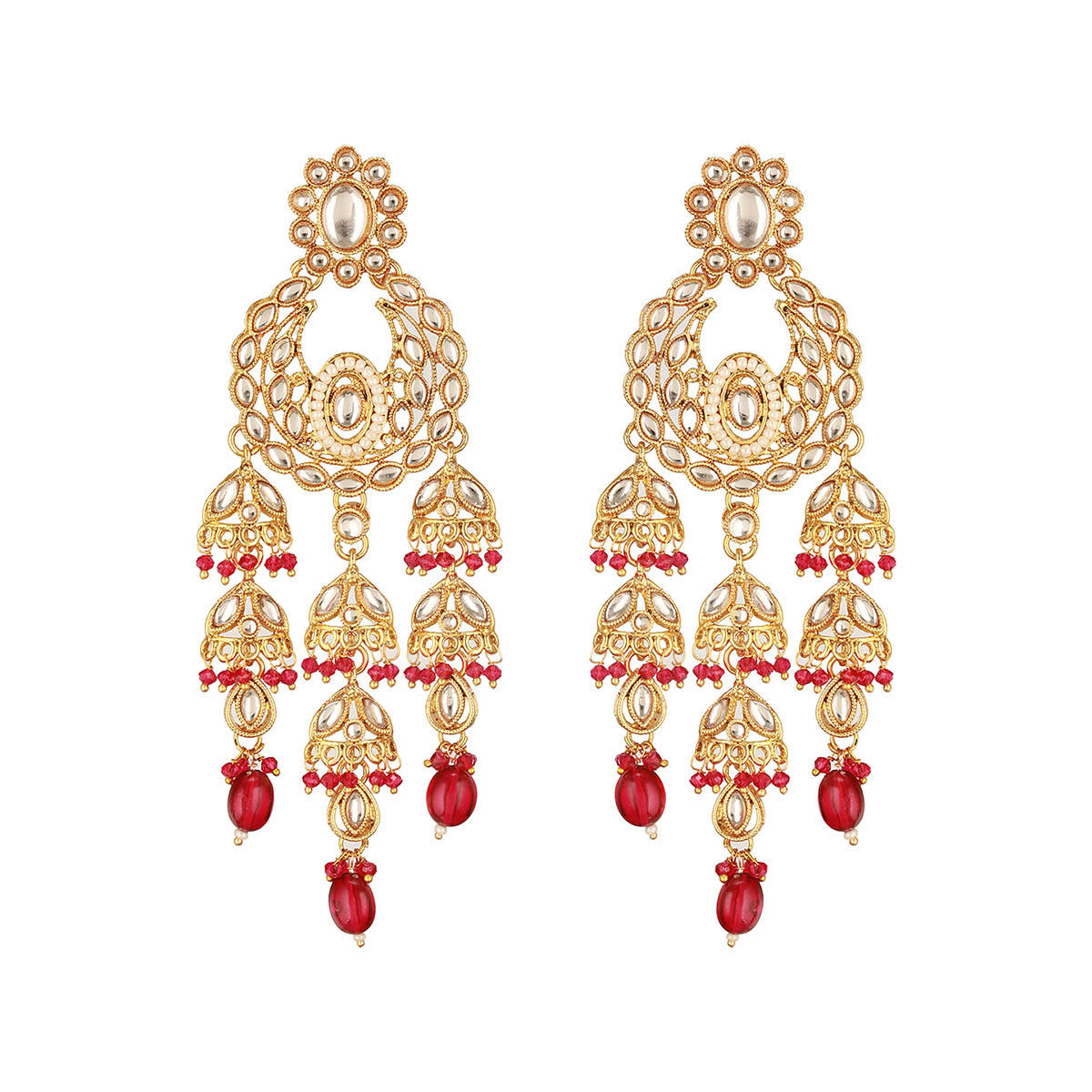 Aatmana 18K Gold-Plated Red and White Kundan Studded and Beaded Handcrafted Jewellery Set