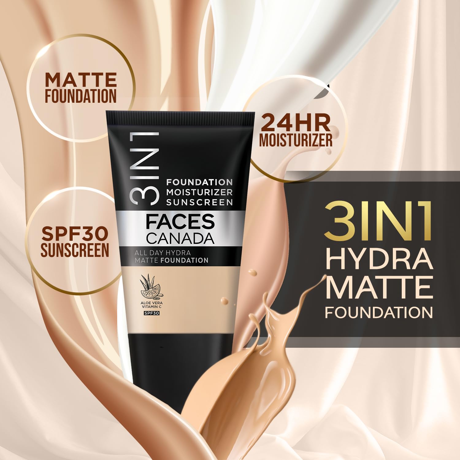 FACES CANADA All Day Hydra Matte Foundation - Mini | 3in1 Foundation + Moisturizer + SPF 30 | 24 HR Aloe Hydration & Vitamin C | 10HR Wear | Medium to High Buildable Coverage | Warm Natural (18 ml)