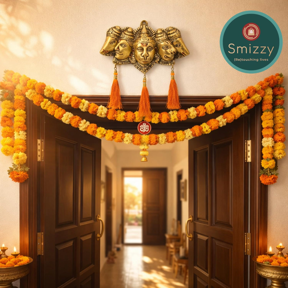 Smizzy panchmukhi Hanuman for Door Entrance Hanging, Gold Finish Wall Hanging Statue Showpiece with Orange Latkan for Main Gate, Metal Hindu God anjaneya Swamy
