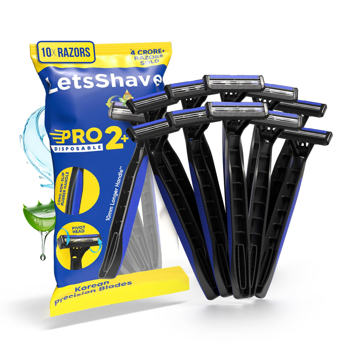 LetsShave Pro 2 Plus Disposable Razor for Men, Pack of 10, Rubber Grip Handle, Stainless Steel Twin Blades Made in South Korea, Open Flow Design with Pivot Head