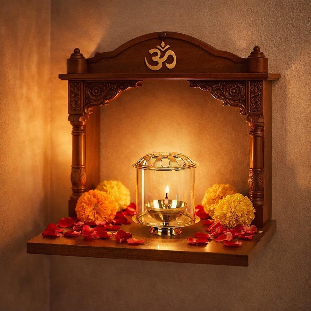 Klassic 4.5 Inch Swastik Akhand Diya with Borosilicate Glass Shade | Pure Brass Oil Lamp for Mandir, Daily Puja, Pooja Room, Diwali, Prayer, Wick Holder Festive