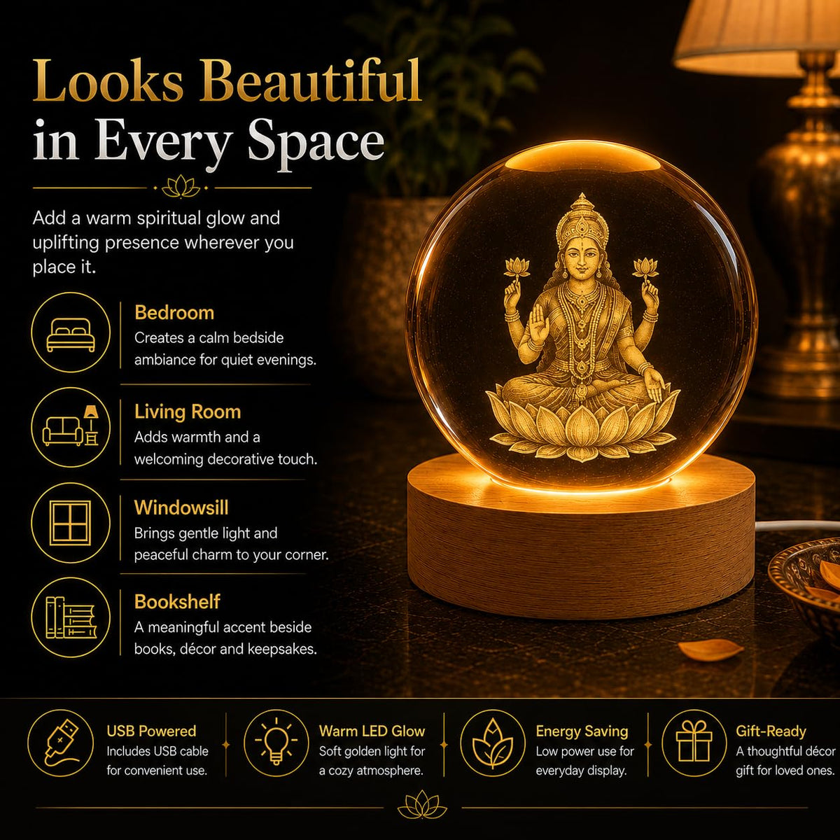 COVACURE 3D Lakshmi Devi Idol Crystal Ball Night Lamp Creative Engraved 2.4 Inch Glass Ball Goddess Laxmi MATA Murti Crystal Ball Night Light, USB Table LED Woo