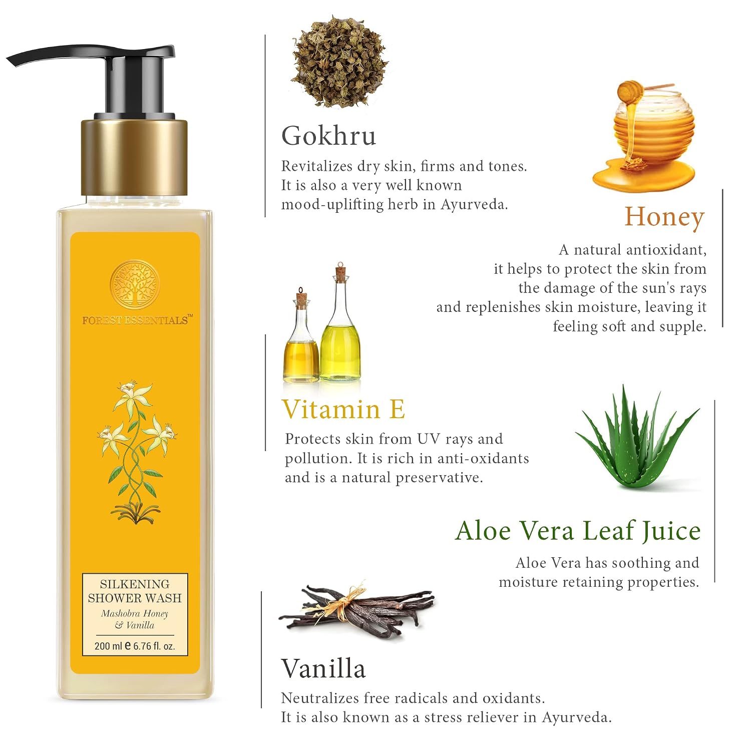 Forest Essentials Silkening Shower Wash Mashobra Honey & Vanilla | Sulphate-Free Ayurvedic Body Wash | Softens, Scents & Hydrates Skin