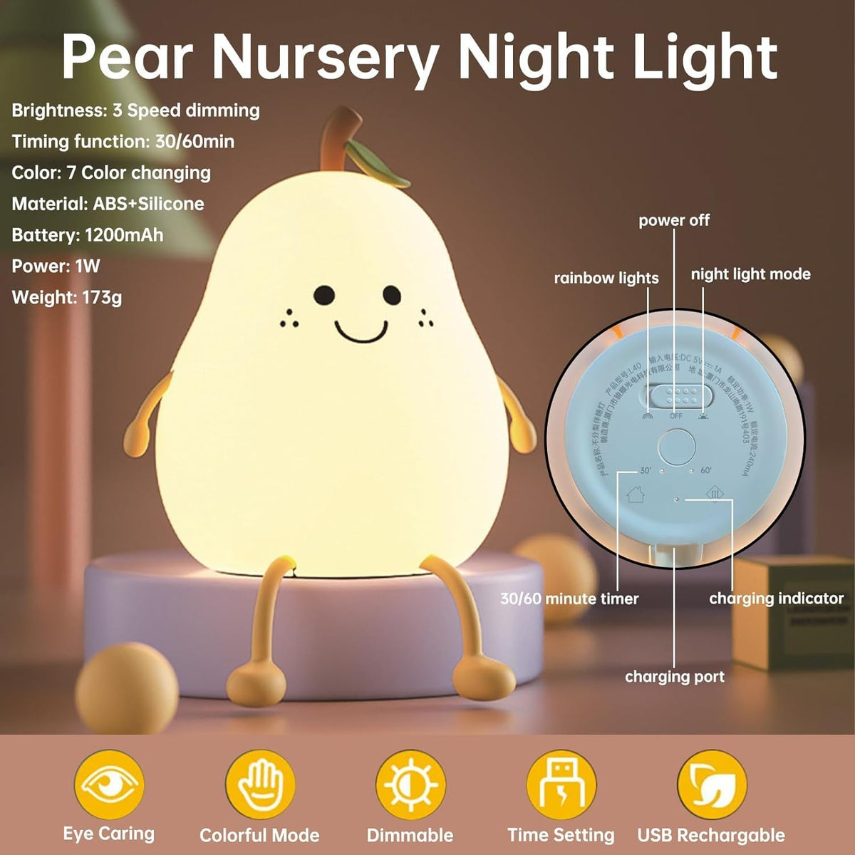 One94Store Rechargeable Silicone Pear Night Lamp, Touch Control 7 Color LED Baby Night Light for Kids Bedroom, Nursery, Bedside Decor, Gift for Kids Multicolor