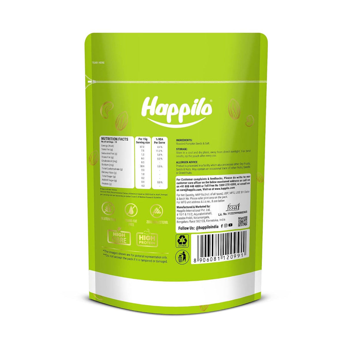 Happilo Premium Lightly Salted & Roasted Pumpkin Seeds 200g | AAA Grade | Crunchy Fiber-Rich Superfood Snack | Healthy Booster Seeds for Diet & Fitness