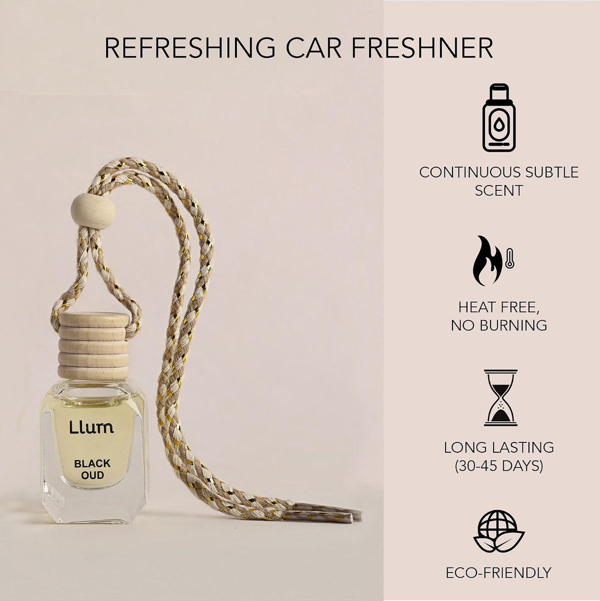 Llum Black Oud Hanging Car Air Freshener (10 ml) - Luxury, Alcohol-Free & Non-Toxic Scent| Premium Interior Perfume Accessory| Fragrance up to 35 Days Without A