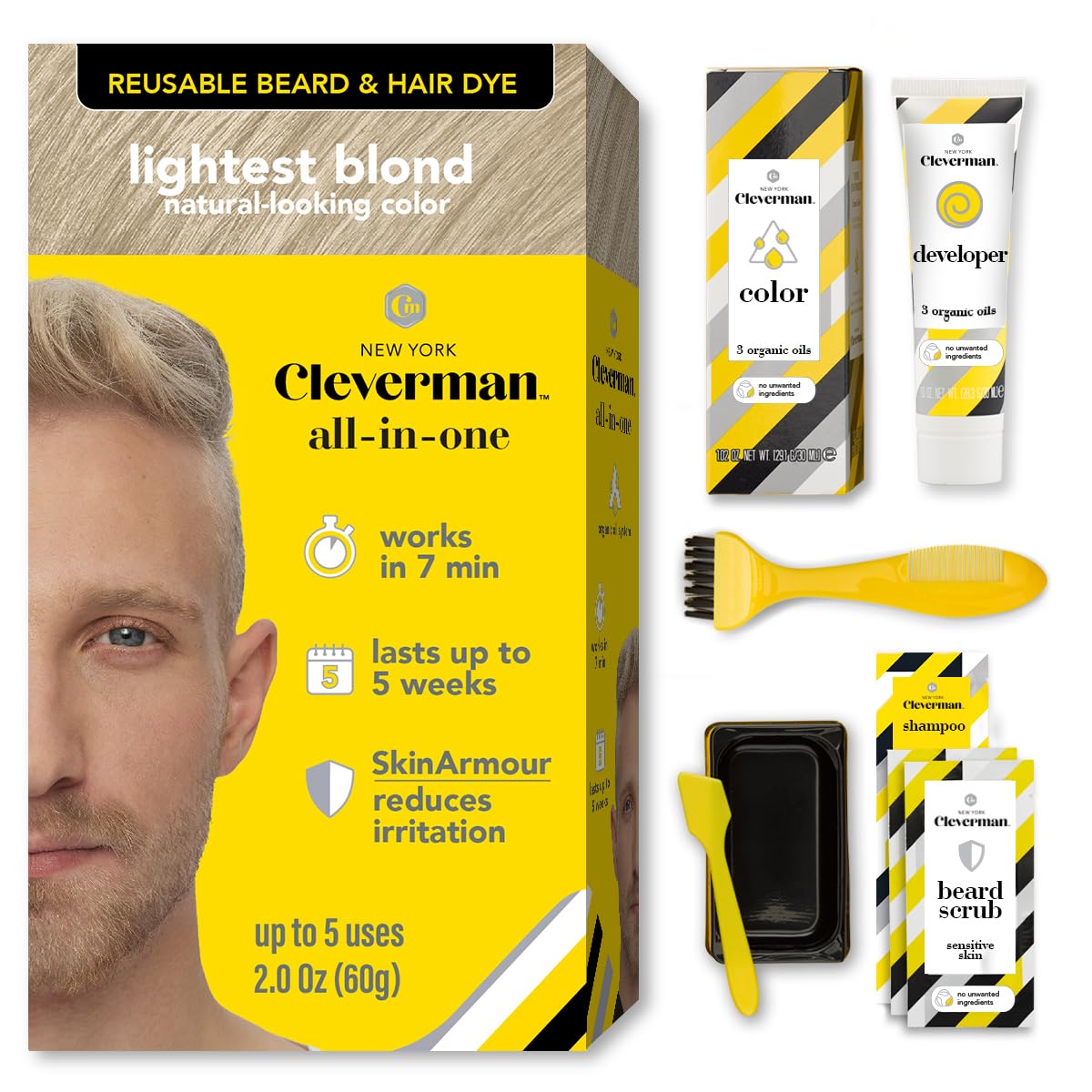 Reusable Hair & Beard Dye for Men – Lightest Blond | Up to 5 Uses, 7 Minutes | Natural Gray Coverage, No-Drip Cream with SkinArmour® – Cleverman Lightest Blond