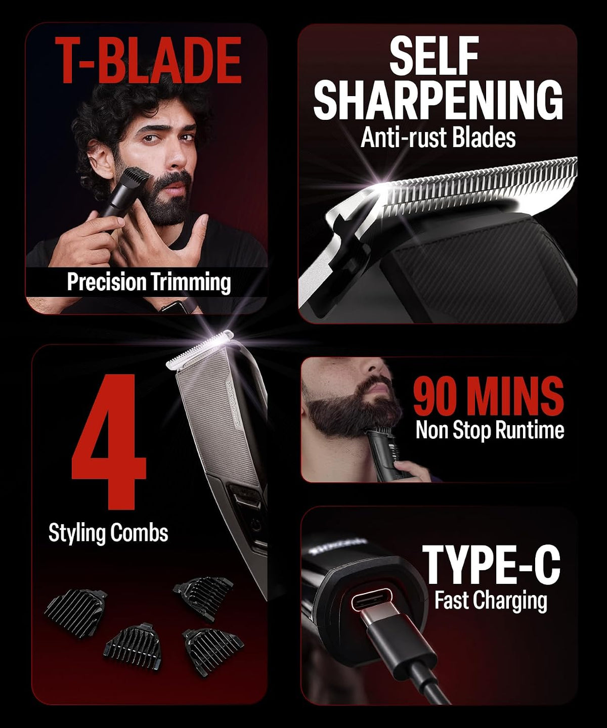 Bombay Shaving Company Pro Beard Trimmer For Men | Beard Trimmer for Man | Hair Trimmer for Man | 4 Combs, Self-Sharpening Blades, Type C | Trimmer Men Beard |