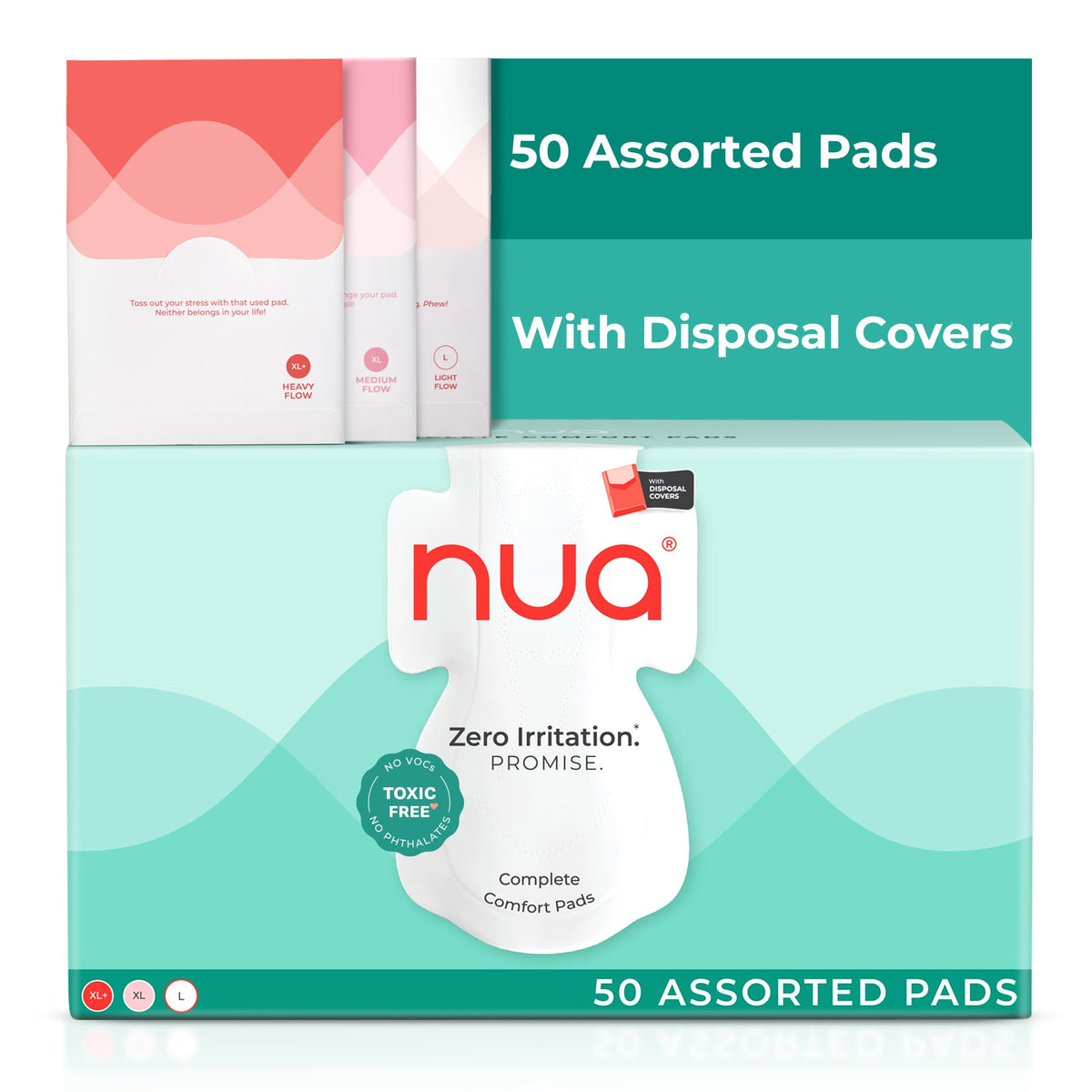 Nua Complete Comfort Sanitary Pads for Sensitive Skin | Pack of 50 Pads (12 Heavy Flow, 20 Medium Flow, 18 Light Flow) with Disposal covers | Zero Irritation |