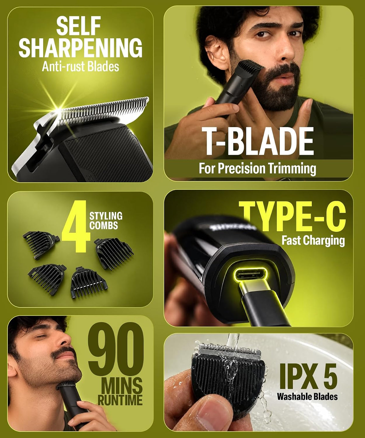 Bombay Shaving Company Power Play NXT Trimmer for Men | Beard Trimmer for Man | Hair Trimmer for Man | Type C, 90 Min, 4 Combs, Self-Sharpening | Olive