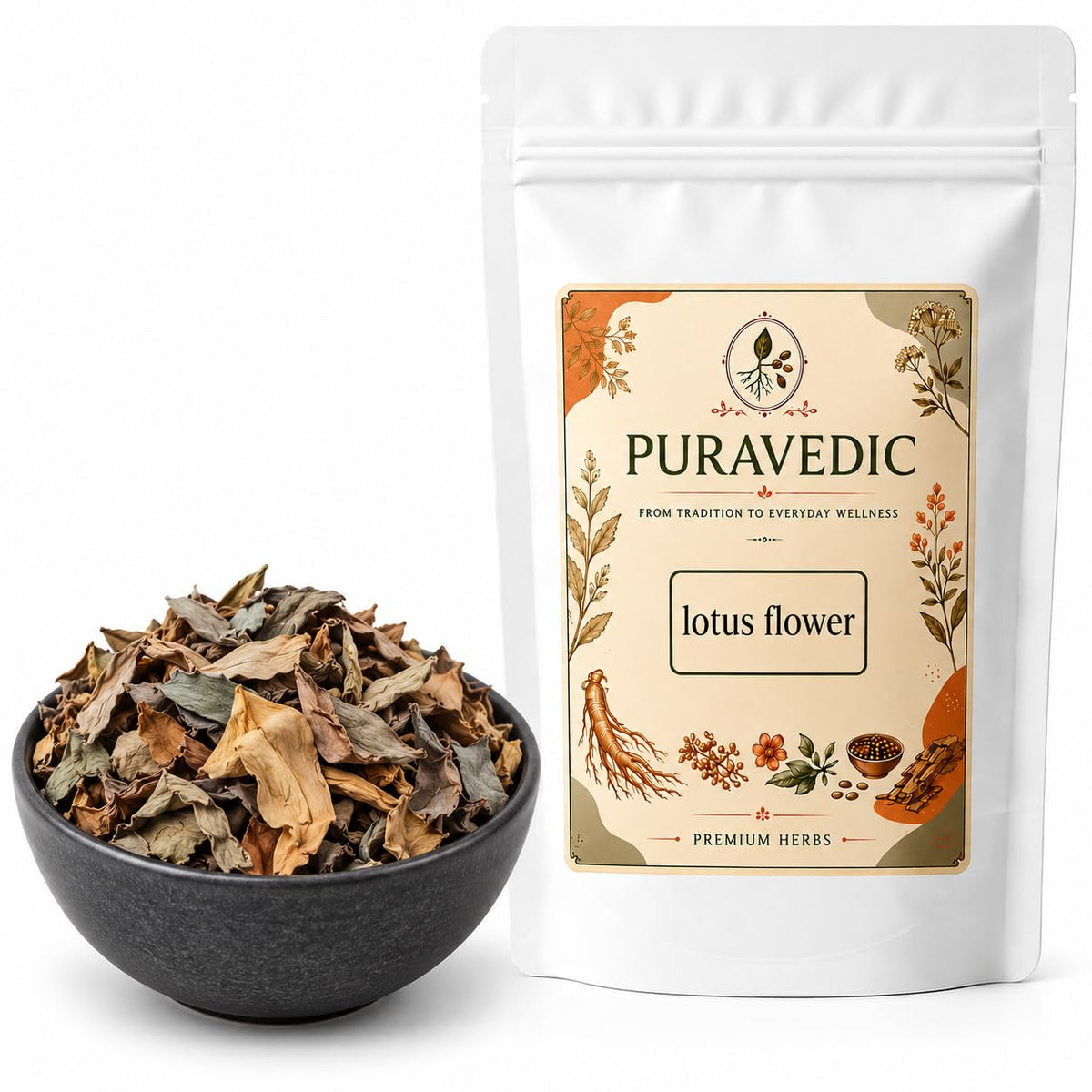 Kamal Phool Dried Lotus Flower, Ayurvedic Herbal Supplement, for Traditional Medicine and Natural Health Remedy, Non-GMO, Vegetarian, Zip Lock Pouch, 100 Grams