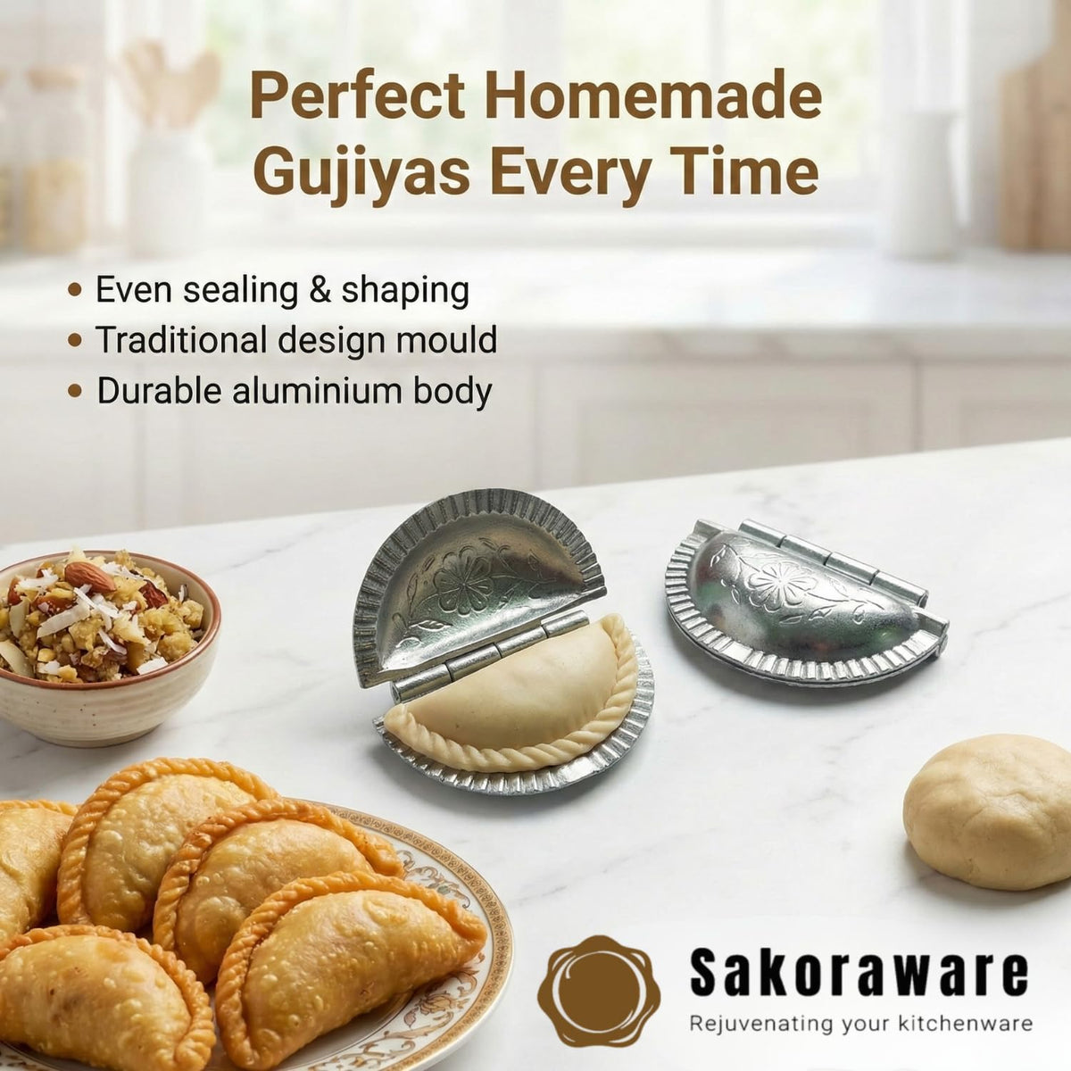 Sakoraware Aluminium Gujiya/Gujia Karanji Maker| karjikai Mould Cutter Sacha Machine, Kitchen Mold for Holi Festivals (Set of 2) with Herbal Gulal oraganic Holi