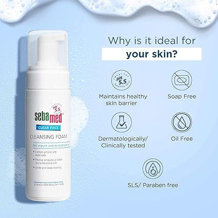 Sebamed Clear Face Cleansing Foam for Acne prone Skin 150 ml I pH 5.5 I Gentle, Effective hydrating cleanser for pimples | Face wash |men & womenl Oil Free l Cl