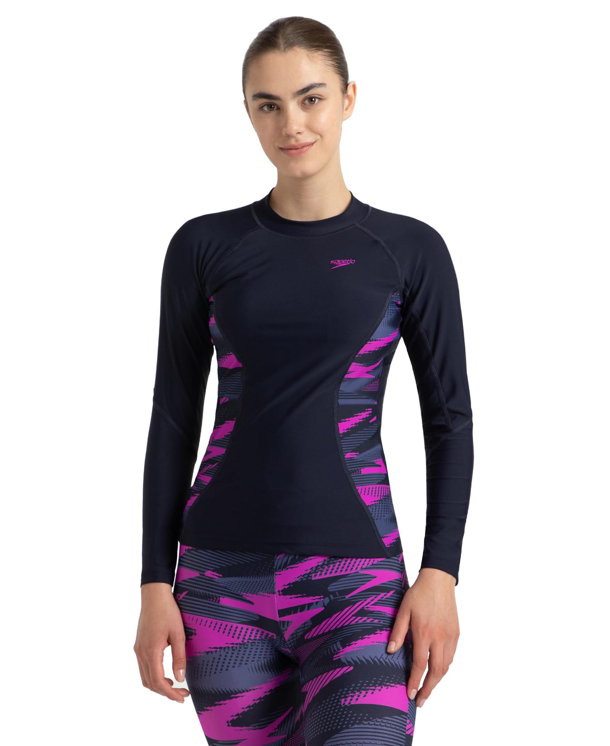 Speedo Women's Hyperboom Splice Print Long Sleeve Suntop - True Navy, Hapuna Blue & Diva True Navy, Hapuna Blue & Diva M