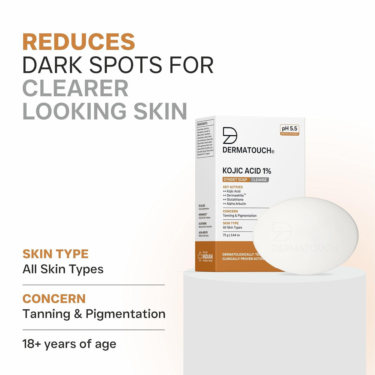 DERMATOUCH Kojic Acid 1% Soap with Glutathione & Alpha Arbutin | Skin Brightening & Tan Removal Soap for Dark Spots, Pigmentation & Sun Damage | pH 5.5 Syndet B