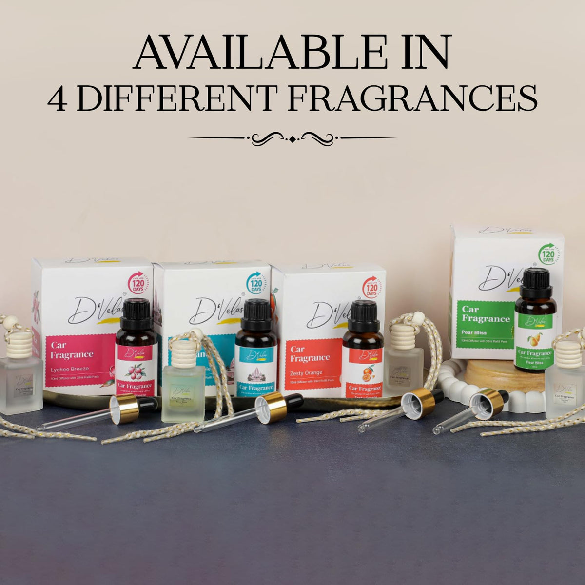 D’Velas™ 40ml Car Fragrance Diffuser Set – Long-Lasting Upto 120 Days | Pear Bliss | No Paraben | Elegant 10ml Wooden Lid Bottle with 30ml Refill | Perfume Diff