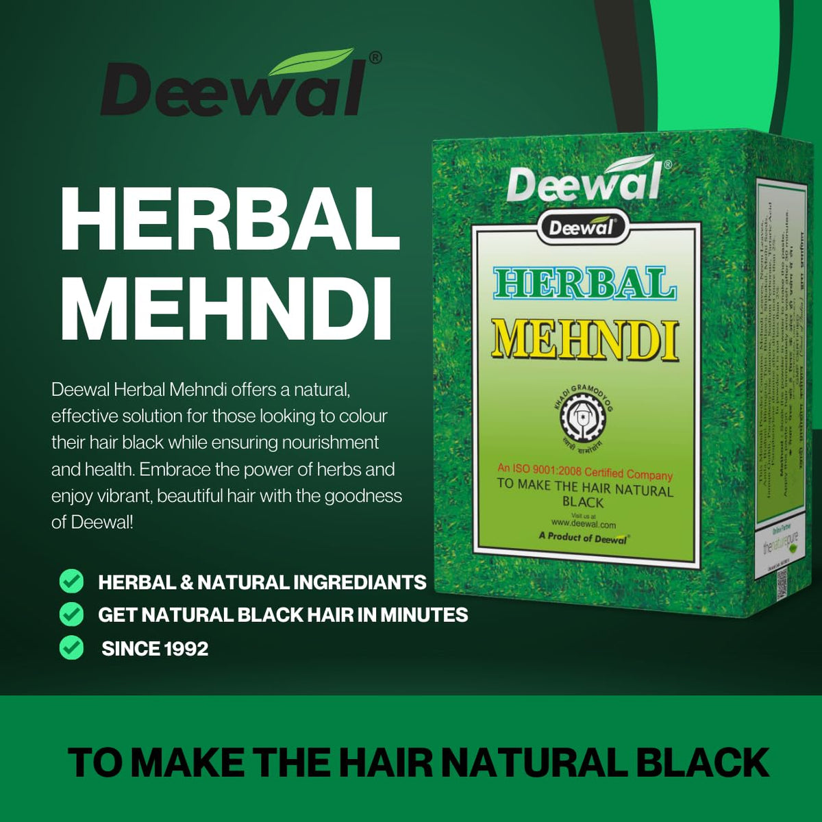 Deewal Herbal Khadi Mehndi Powder – Hair Color & Conditioning, 240g (Pack of 3) | With Amla, Bhringraj, Neem & Shikakai | For Men & Women Black Pack of 3