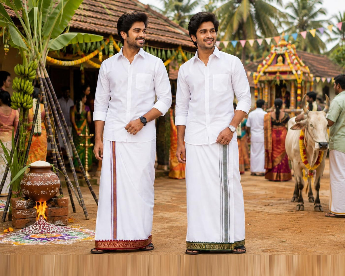 Single Layer Cotton Dhoti 1.8mts Vesti Mundu Ethnic Dress Thalapathy Style Border-White (Pack of 2)