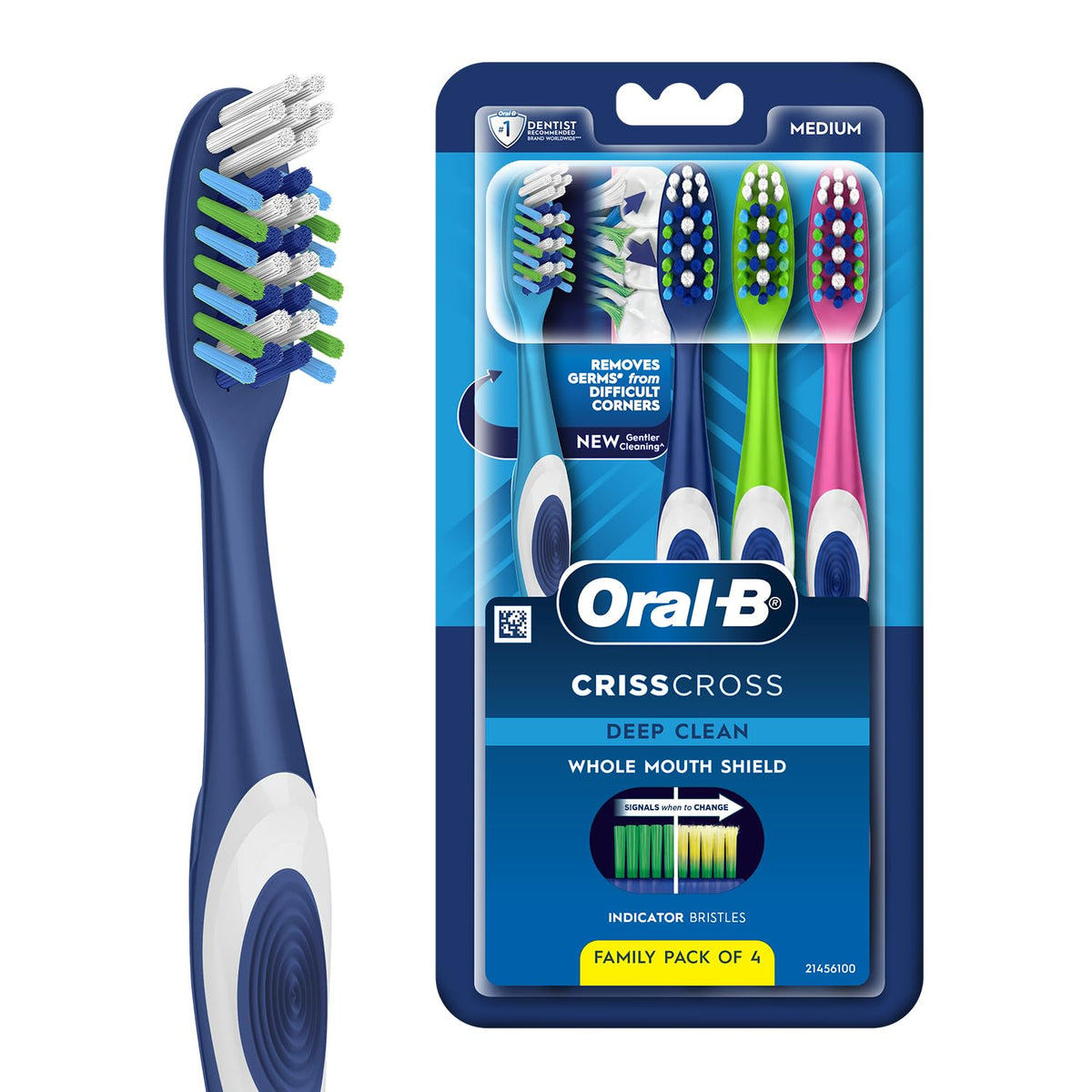 Oral-B Criss Cross Deep Clean Medium Bristles Manual Toothbrush For Adults,Tongue Cleaner, Multicolour Tooth Brush Set, Oral B Dentist Recommended Brand (Family