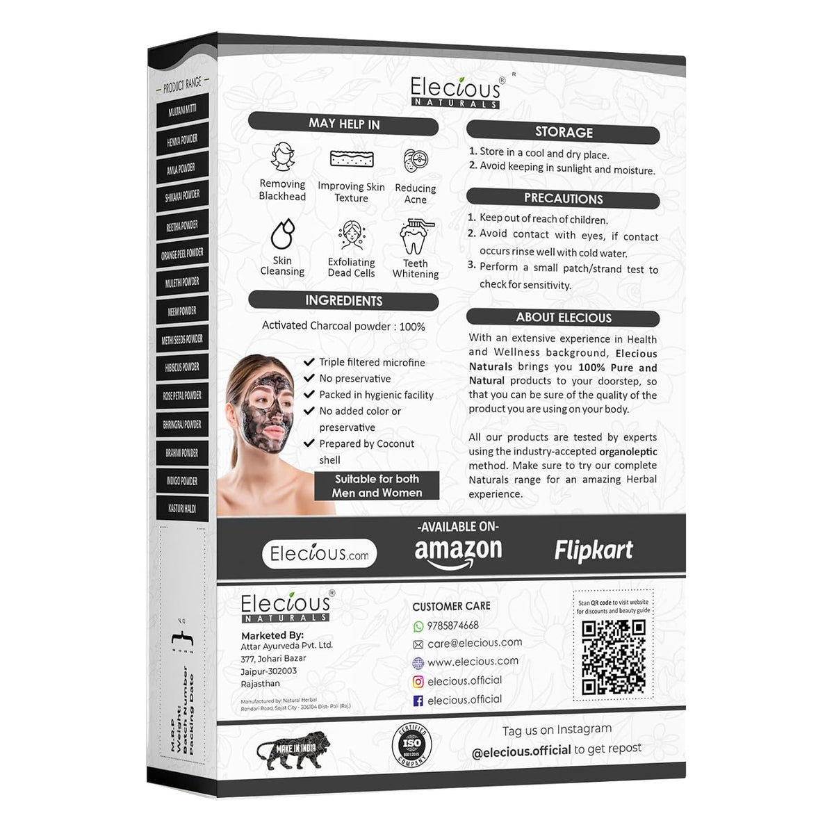 Elecious Naturals Activated Charcoal powder Ideal for face and Skin (200 grams) | Removed dead skin, Impurities and Detoxify Skin |Coconut Charcoal powder | 100