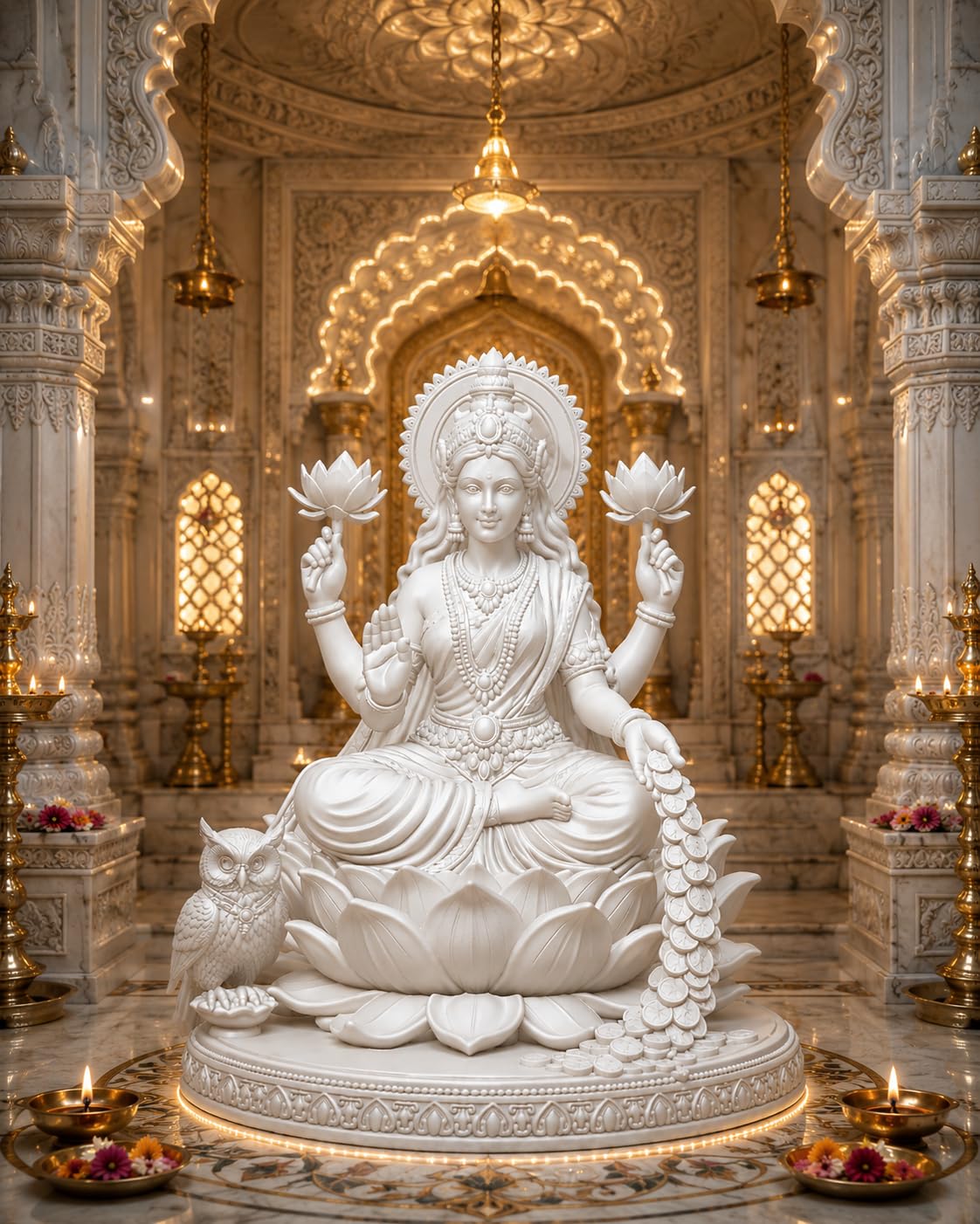 Premium White Lakshmi MATA Statue - Polymer Goddess Laxmi Idol on Lotus with Owl - Shatterproof Wealth & Prosperity Murti for Home Mandir, Diwali Puja & Gifting