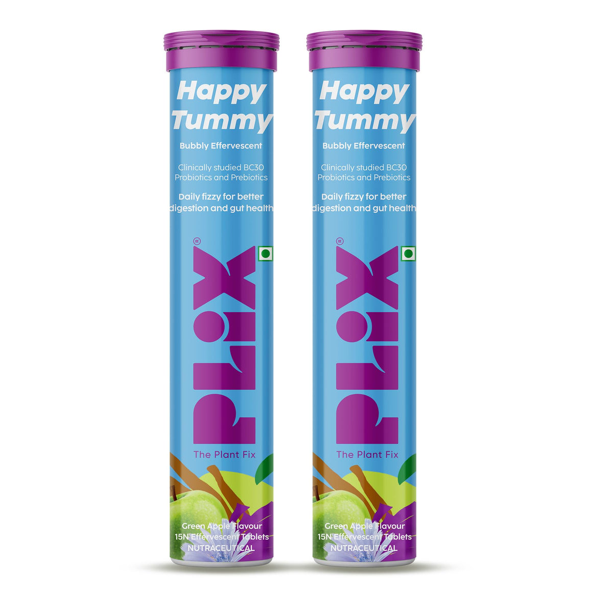 PLIX - THE PLANT FIX Happy Tummy Pre+Probiotic 15 Effervescent Tablets For Good Gut,Digestion,Metabolism With 20 Billion Cfus,Vital Probiotic Strains,Pack Of 2