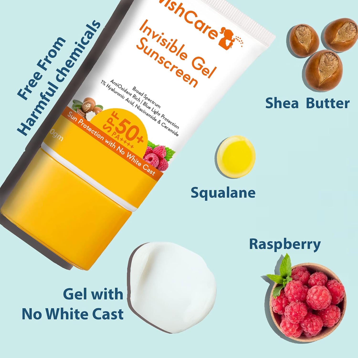 WishCare Invisible Gel Sunscreen SPF 50+ PA++++ For Oily and Dry skin - Light Weight Oil Free Gel Sunscreen 50g