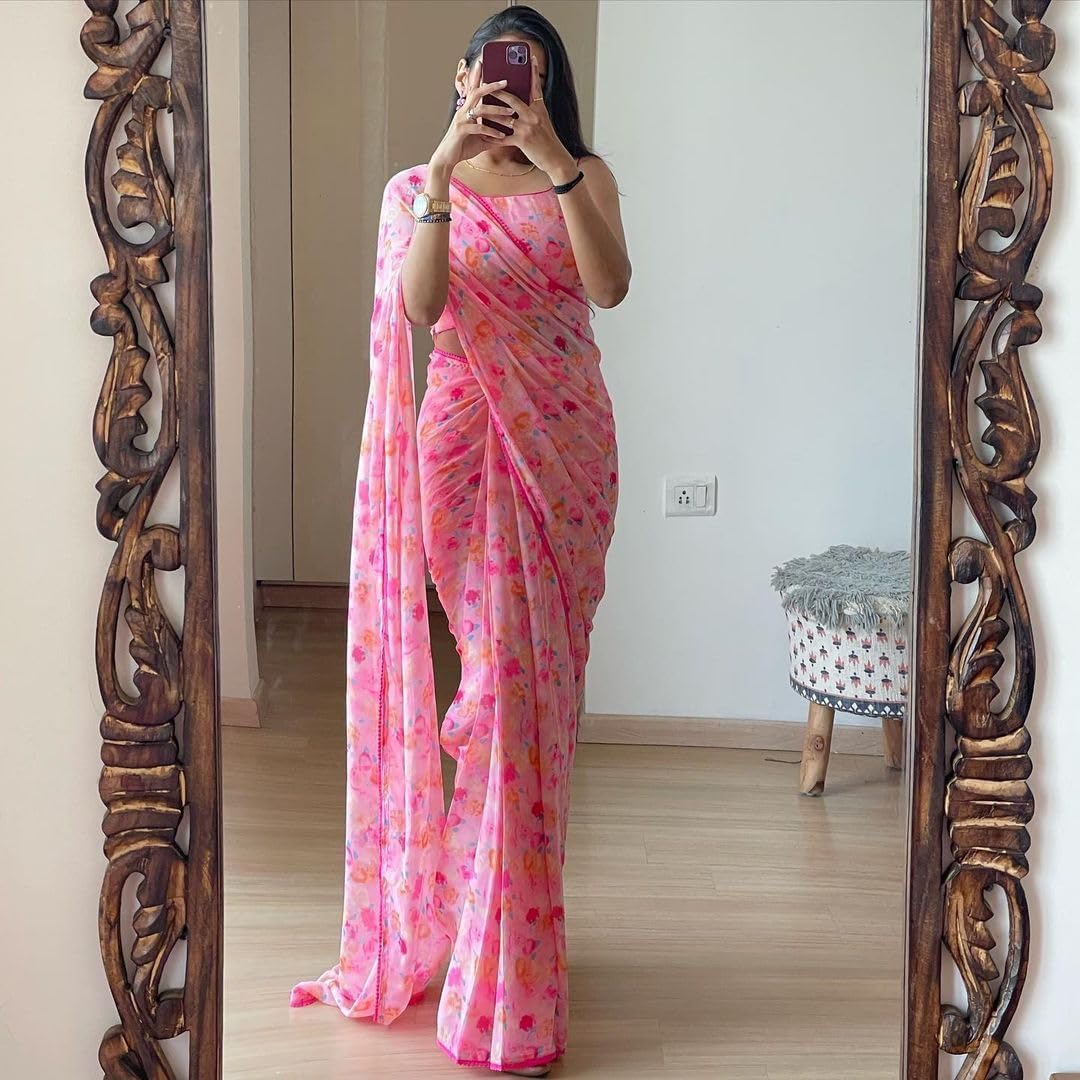 Sidhidata Women's Georgette Printed Ready To Wear one Minute Saree With Unstitched Blouse Piece (Candy_Free Size) Pink