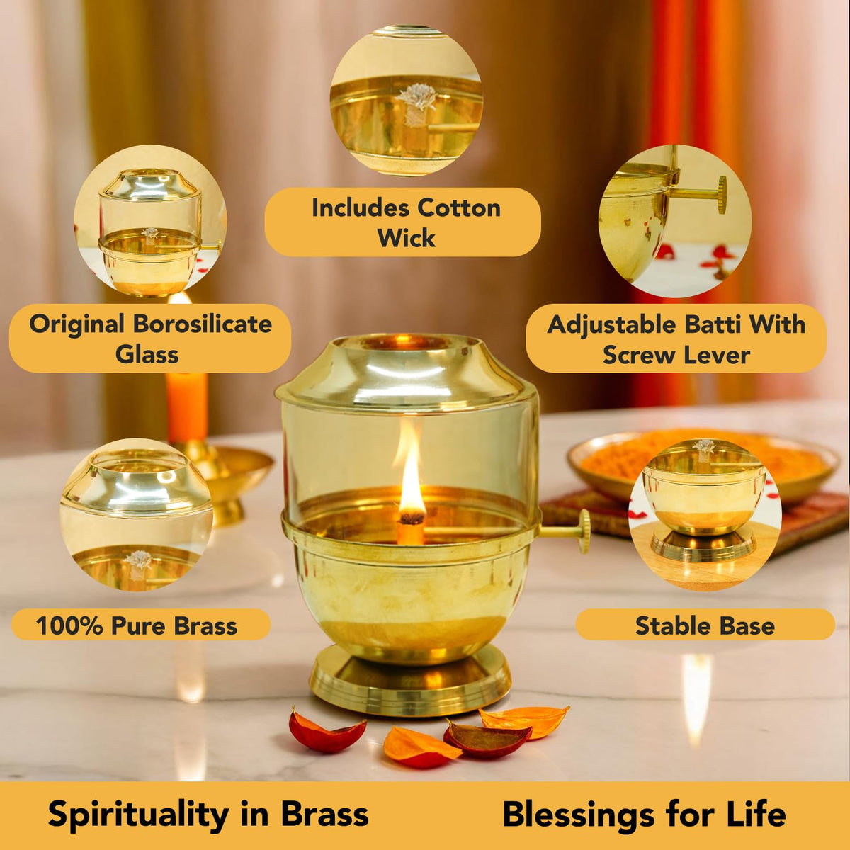 Ekhasa 100% Pure Brass Akhand Jyot Diya with Adjustable Bati Knob, Wick Lifting Screw Lever, Glass Cover (Large Size, 250 ml Oil Capacity, Stay Lit for 48 Hours