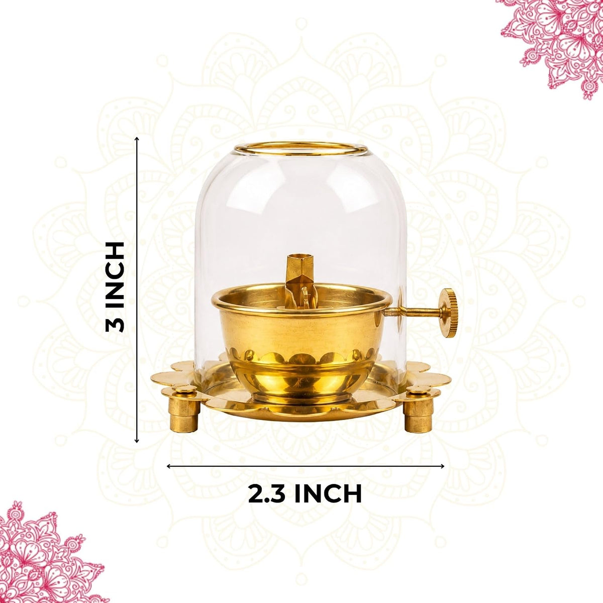 Klassic 3 Inch Pure Brass Akhand Jyoti Diya with Flower Design Stand & Glass Cover | Traditional Oil Lamp with Adjustable Wick Lever for Home Temple, Diwali, Na